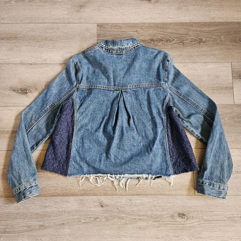 Free People Denim Lace Frayed Jean Jacket Women's Size M Dark Wash
